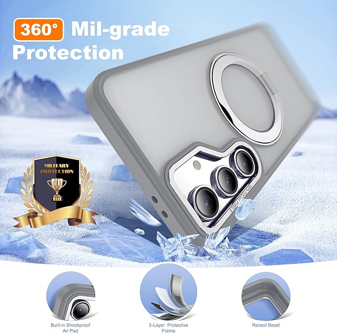 for Samsung Galaxy S24 FE Case with 360° Rotatable Magnetic Ring Stand Compatible with Mag-Safe Military Protection Shockproof Matte Translucent Phone Cases for S24 FE,Gray