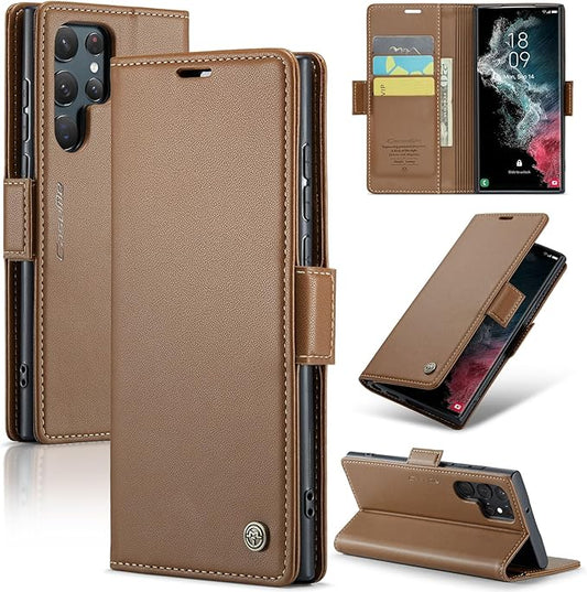 Case for Samsung Galaxy S22 Ultra Wallet Case, RFID Blocking PU Leather Flip Folio Cover Card Holder Kickstand Shockproof Phone Case Compatible with Samsung Galaxy S22 Ultra, Brown