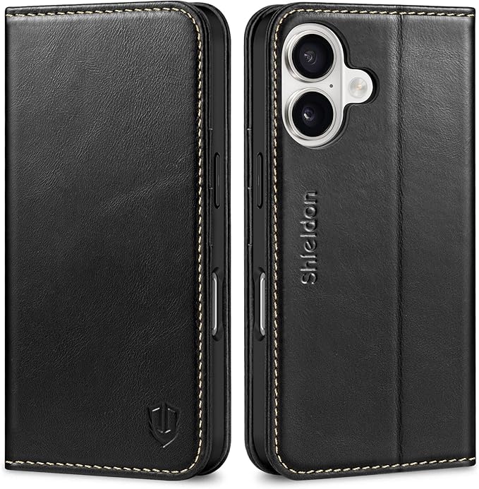 SHIELDON Genuine Leather Case Wallet for iPhone 17 6.3-inch 5G 2025 | Folio, Magnetic Closure, RFID Blocking 3 Card Slots, Kickstand, Book Design, Full Protective Cover - Retro Black