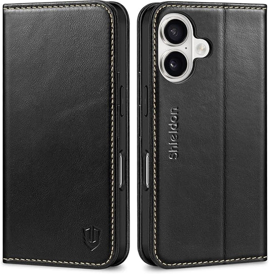 SHIELDON Genuine Leather Case Wallet for iPhone 17 6.3-inch 5G 2025 | Folio, Magnetic Closure, RFID Blocking 3 Card Slots, Kickstand, Book Design, Full Protective Cover - Retro Black