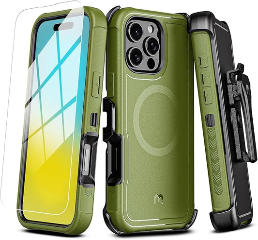 M MYBAT PRO Maverick Series for iPhone 16 Pro Max Case with Belt Clip Holster,[Compatible with Magsafe]&Screen Protector,Anti-Drop,Shockproof,360°Rotating Kickstand,Heavy Duty Protection Army Green