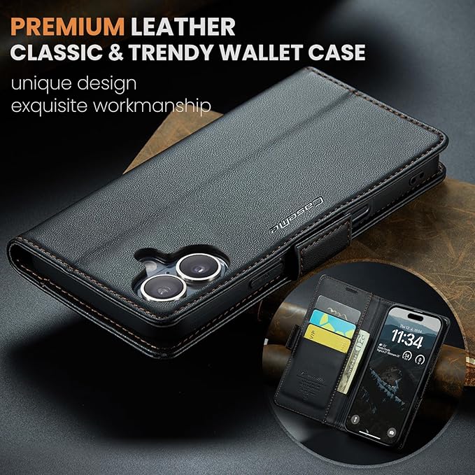 for iPhone 16 Case, Premium PU Leather Wallet Case Flip Cover with [RFID Blocking][Card Holder][Stand Function] Shockproof Protective for iPhone 16, Black