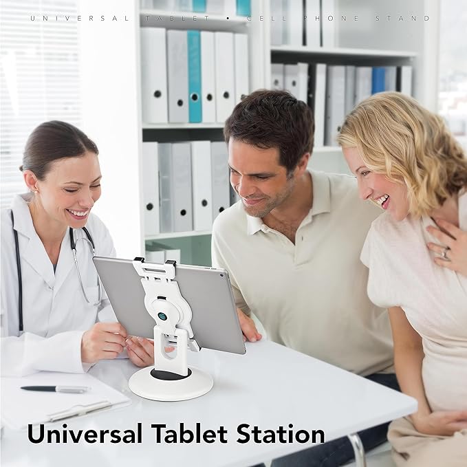 EHO iPad Stand, 360° Rotating Commercial Tablet Stand, Retail Kiosk, 6"-13"(Screen) Adapter Universal Tablet Clamp Holder for iPad, iPadAir, iPadMini, Microsoft Surface, Most Tablets - White