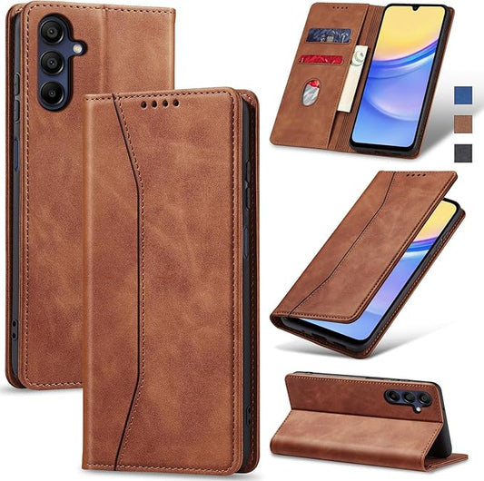 Jasonyu Flip Wallet Case for Samsung Galaxy A15 5G,Leather Magnetic Folio Cover with Card Holder,Kickstand - TPU Shockproof Durable Protective Phone Case,Brown