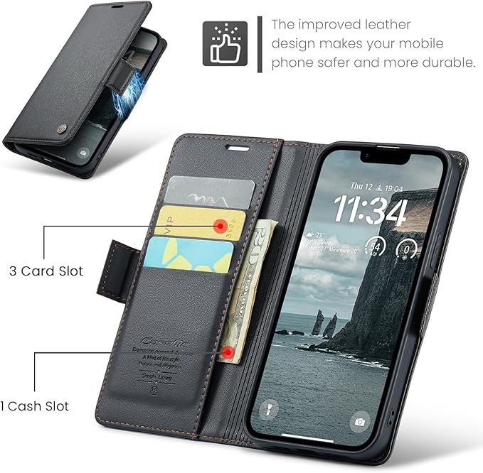 for Apple iPhone 16e Case, Premium PU Leather Wallet Case Flip Cover with [RFID Blocking][Card Holder][Stand Function] Shockproof Protective for iPhone 16E 6.1", Black