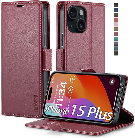 japezop iPhone 15 Plus 5G Wallet Case with [RFID Blocking],Card Holder Kickstand Magnetic,Leather Flip Case Wallet for iPhone 15 Plus 5G 6.7 Inch (Fashion Red)