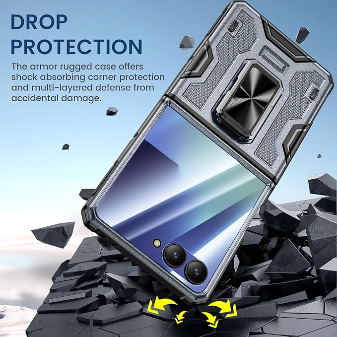 VEGO for Z Flip 7 Case, Samsung Galaxy Flip 7 Case with 360° Rotatable Ring Kickstand & Belt Clip Holster & 9H HD Tempered Glass Camera Screen Protector & Hinge Protection, Shockproof Cover - Grey