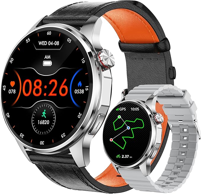 Smart Watch for Men Built-in GPS, 1.46" AI Smartwatch with Health Monitor for Android Phones/iPhone, 100+ Sport Modes Fitness Tracker with Compass/Altitude/Barometer,Bluetooth Call/Text Reply(2 Bands)