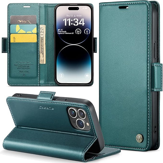 for iPhone 14 Pro Case, Premium PU Leather Wallet Case Flip Cover with [RFID Blocking][Card Holder][Stand Function] Shockproof Protective for iPhone 14 Pro 6.1 inch, Blue-Green