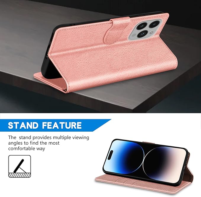 ZZXX for iPhone 14 Pro Wallet Case with [RFID Blocking] Card Slot Kickstand Magnetic Closure Leather Flip Fold Protective Phone Case for iPhone 14 Pro Case Wallet(Rose Gold-6.1 inch)