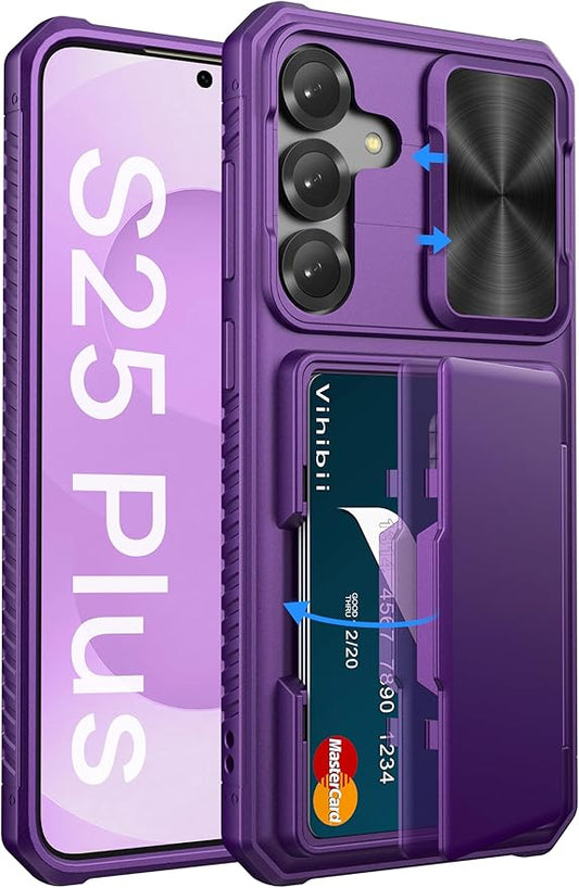 Vihibii for Samsung Galaxy S25+ Plus Wallet Case, Built-in Card Holder (4 Cards), [RFID Blocking] & Slide Camera Cover, Military Grade Drop Protection, Rugged Case for Galaxy S25+ Plus, Dark Purple