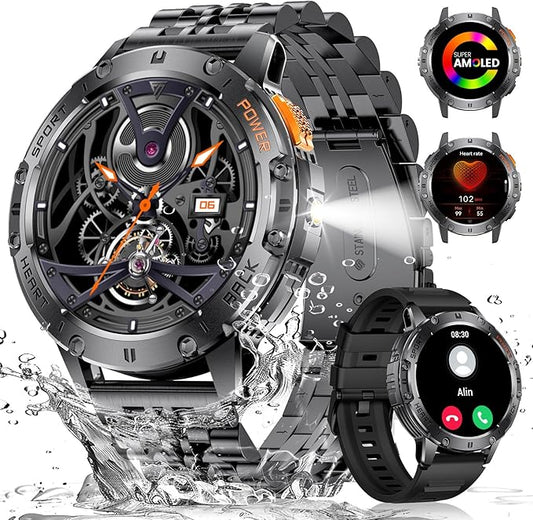 Smart Watch for Men(3 Straps),1,43'' AMOLED Military Smart Watch for Men with LED Flashlight/530mAh Large Battery/5ATM Waterproof,Fitness Tracker Smartwatch with Answer/Make Call
