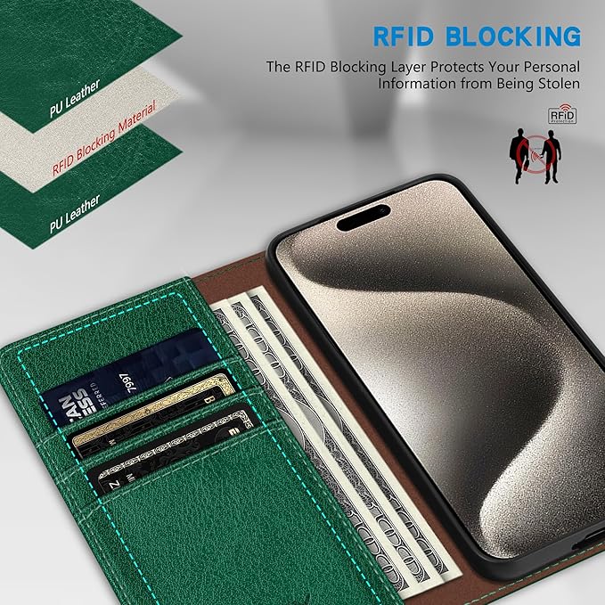 ZZXX for iPhone 15 Pro Max Wallet Case with [RFID Blocking] Card Slot Stand Strong Magnetic Leather Flip Fold Protective Phone Case for iPhone 15 Pro Max Case Wallet(Green-6.7 inch)