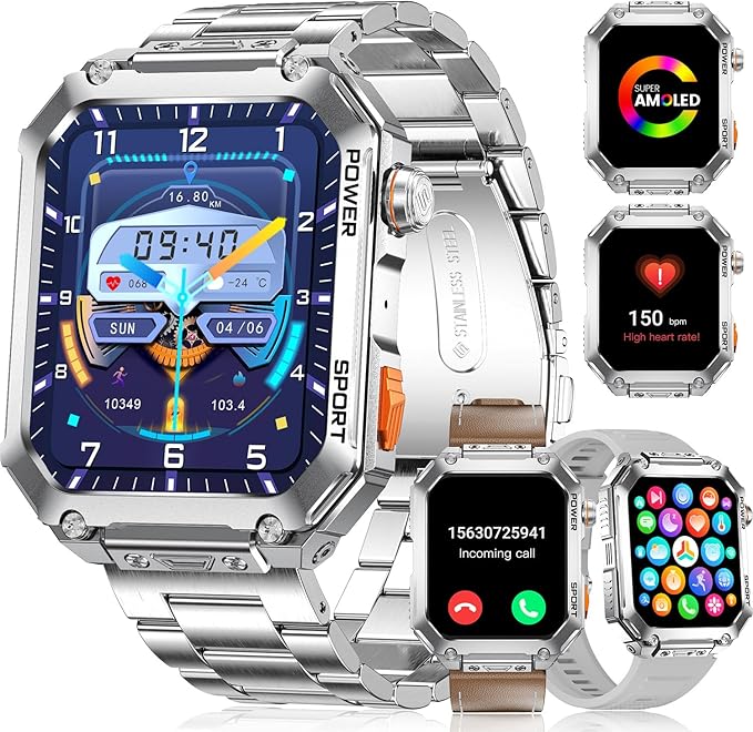 LIGE Military Smart Watches for Men, 1.96'' HD Screen with Answer Make Call Smart Watch for iOS Android Phone, Fitness Tracker with Heart Rate/Sleep Monitor, 5ATM Waterproof, Silver