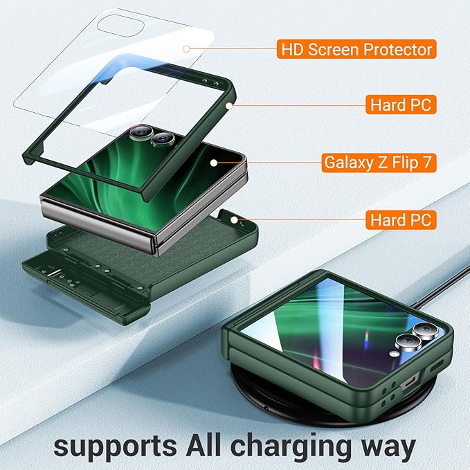 Temdan for Samsung Galaxy Z Flip 7 Case with [Built-in Front Screen Protector] [Kickstand][Hinge Protection][Hard PC] Ultra-Thin Shockproof Protective Phone Case for Galaxy Z Flip 7-Green