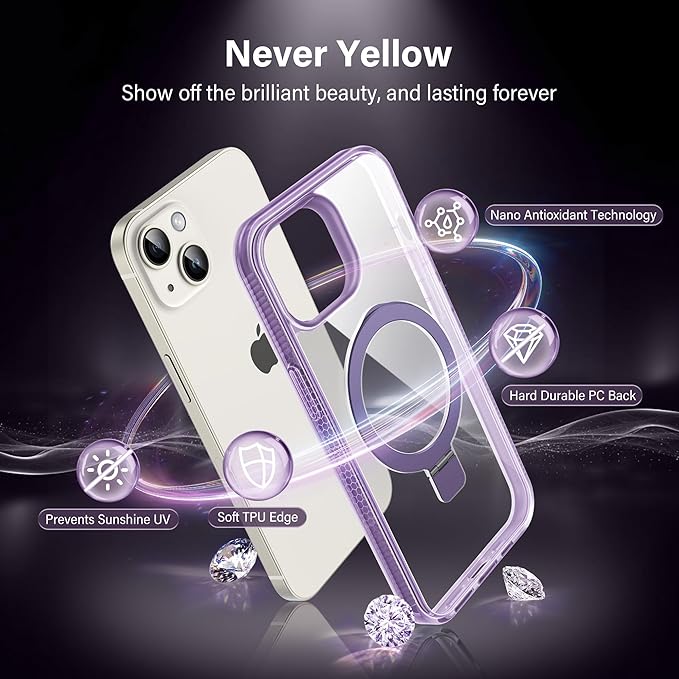 Magnetic Case for iPhone 13/14 - [Built-in Invisible Stand] [Compatible with MagSafe] [Military Grade Drop Protection] Anti-Yellowing Hard Back Silicone Edge Cover, 6.1", Clear Purple