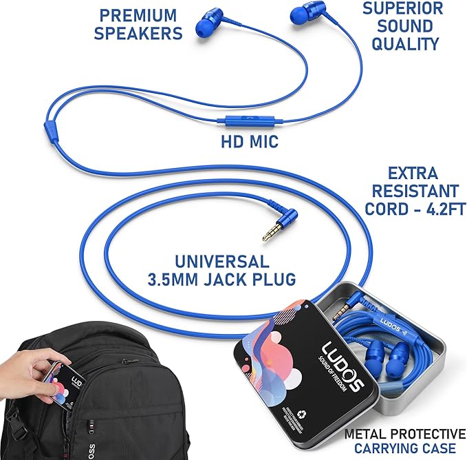 LUDOS OMNITONE Wired Earbuds in-Ear Headphones, 5 Years Warranty, Earphones with Microphone, 3.5 mm Jack Corded Ear Buds, Videoconference for iPhone, Samsung, Laptop, Kids, School Students - Blue