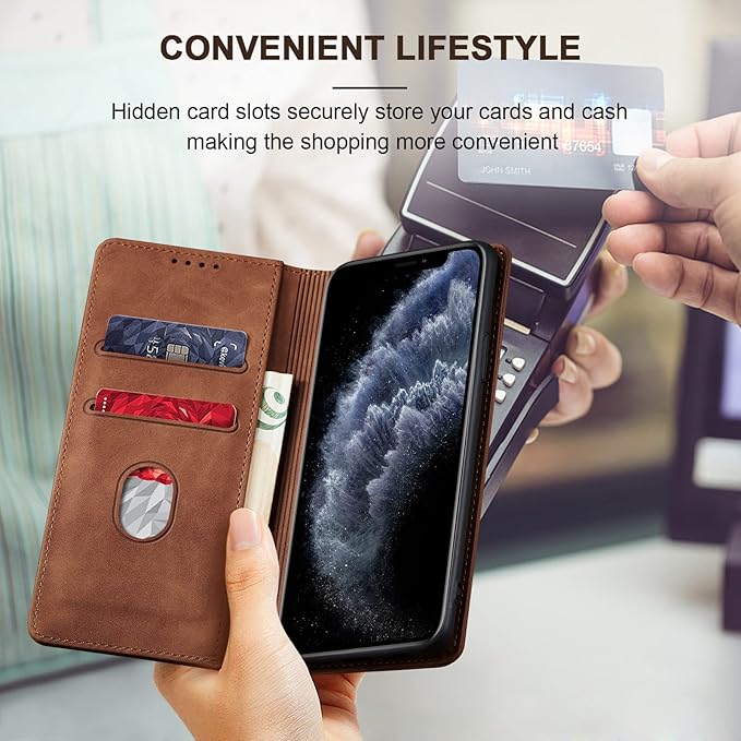 Jasonyu Flip Wallet Case for iPhone 11 Pro Max,Leather Magnetic Folio Cover with Card Holder,Kickstand - TPU Shockproof Durable Protective Phone Case,Brown