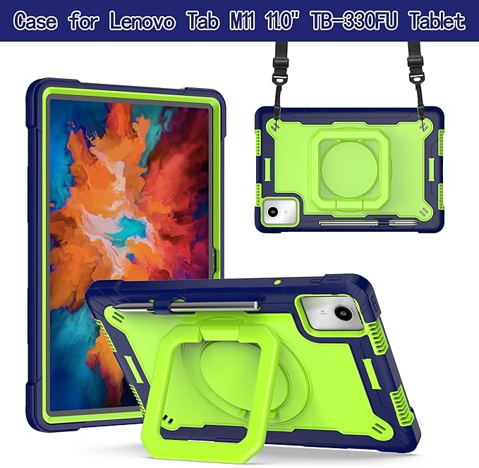 Case for Lenovo Tab M11 11 inch Tablet (TB-330FU / TB-331FC) 2024 Released - Heavy Duty Impact Resistant Case Cover with Rotating Ring Stand (Navy Blue/Green)