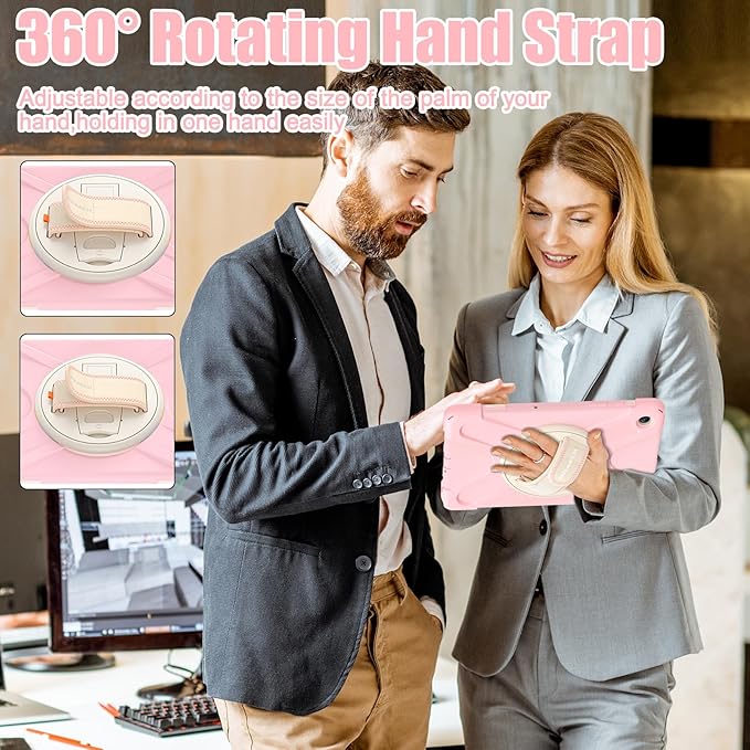 BRAECNstock Kids Case for Samsung Galaxy Tab A9+ Plus 11 inch (SM-X210/X216/X218) Shockproof Protective Tab A9+ 5G Case with Screen Protector Pen Holder [Rotating Hand Strap+Stand], Sakura Pink