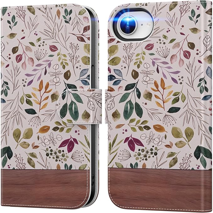 DEENAKIN for iPhone 16e Wallet Case with Card Holder + Cash Clip, RFID-Blocking, Military-Grade Drop Protection, Magnetic Closure with Leather Kickstand - Vibrant Foliage