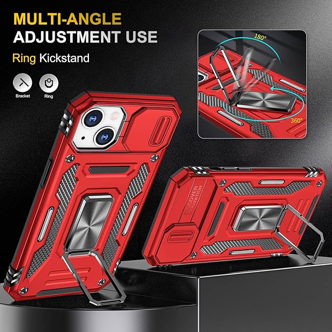 Case for iPhone 14 Phone Case with Slide Camera Cover, with Finger Ring Holder Stand, fit Magnetic Car Mount, for iPhone 14 (Red)