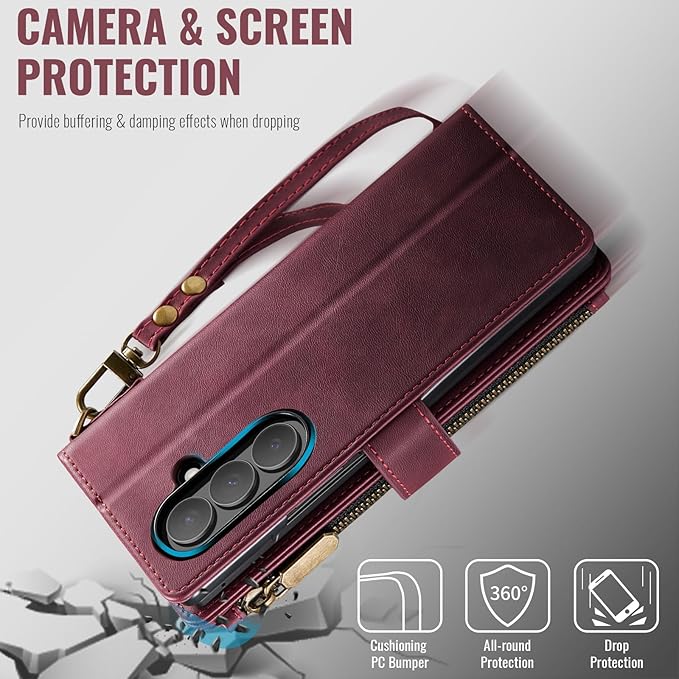 Vinich for Samsung Galaxy Z Fold 7 Wallet Case with Card Holder, Detachable Strap RFID Blocking Credit Slots Kickstand Shockproof Phone Cover for Women Men, Burgundy