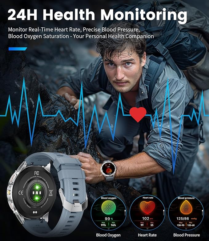 LIGE Military Smart Watch for Men iPhone Android 1.43" HD Amoled Rugged 110+ Sport Modes IP68 Waterproof Answer/Make Call Fitness Running Heart Rate Blood Pressure Health Mens Smartwatch