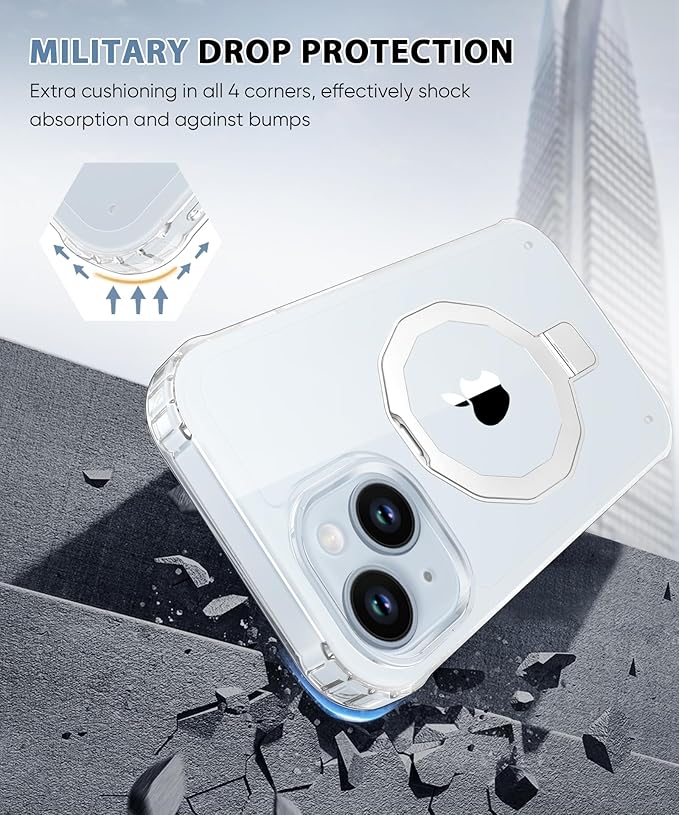 Compatible with iPhone 15 Case, Built-in Screen Protector & Seamless Stand, with Camera Lens Protector, Strong Magnetic Clear Phone Case, Full Body Protective Cover for 6.1" (Clear)