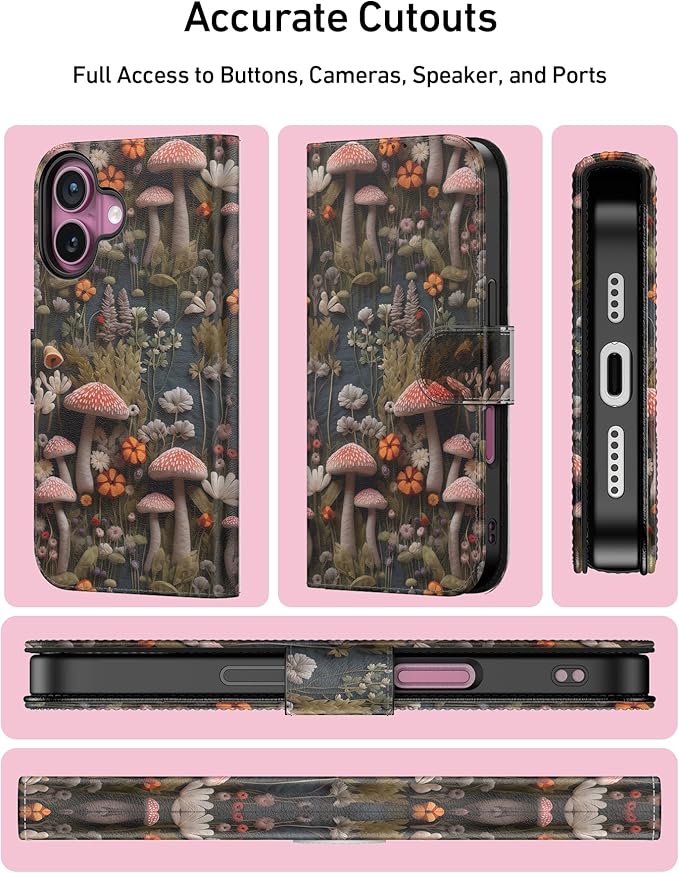 DEENAKIN for iPhone 16 Wallet Case with Card Holder + Cash Clip, RFID-Blocking, Military-Grade Drop Protection, Magnetic Closure with Leather Kickstand - Mushroom Floral