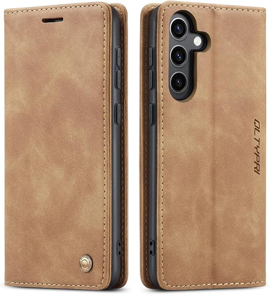 QLTYPRI Case for Samsung Galaxy S24, Vintage PU Leather Wallet Case Card Slot Kickstand Magnetic Closure Shockproof Flip Folio Case Cover for Samsung Galaxy S24 - Brown