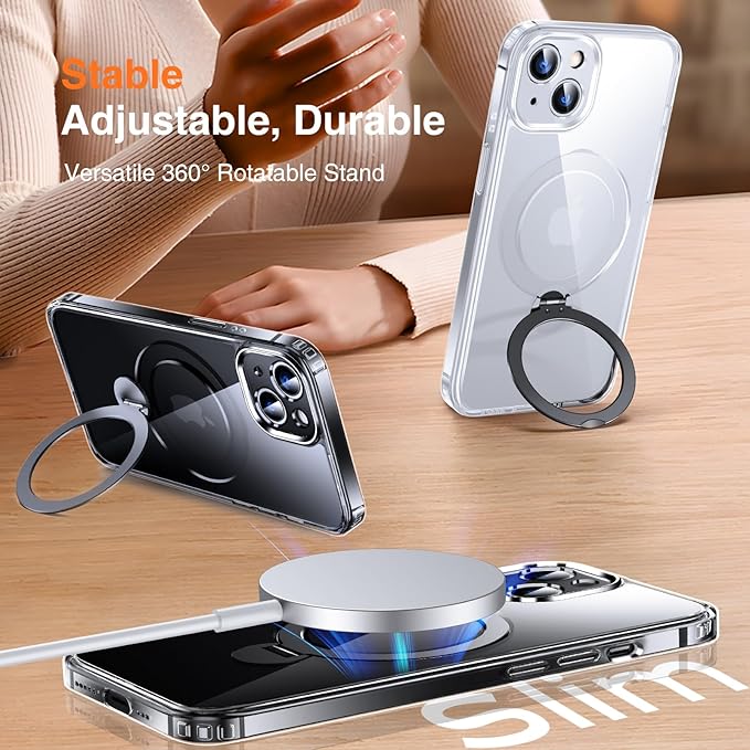 360° O-Ring MagStander for iPhone 15 Case with Magnetic Kickstand Ring Holder [Compatible with MagSafe][360°Rotate Stand Ring][Military Shockproof] iPhone 15 Phone Cover Clear