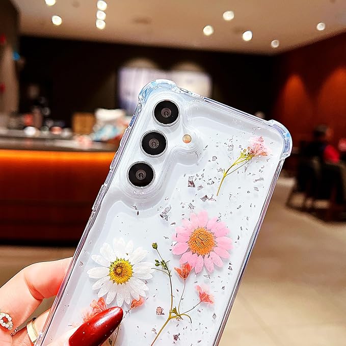 Compatible with Samsung Galaxy S25 Case Cute Pressed Dried Real Flowers Design Women Girly Shockproof Glitter Floral Clear Phone Cover for Galaxy S25 (Pink Flower)