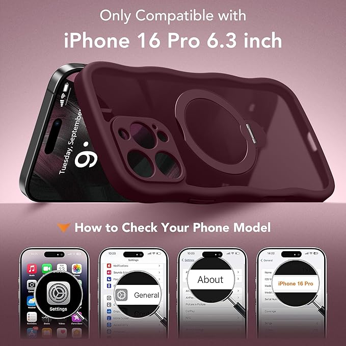 GolbinBox for iPhone 16 Pro Case for Women,[Compatible with Magsafe][360° Spin Magnetic Stand][Cute Wave Edge][Military-Grade Protection] Translucent Matte Phone Case for iPhone 16 Pro, Wine Red