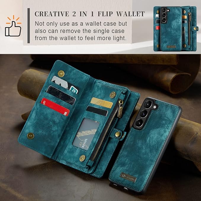 SZHAIYU 2 in 1 Detachable for Samsung Galaxy S23+ / S23 Plus Wallet Case with Card Holder, Retro Premium Flip Leather Cover Magnetic Zipper Pocket Phone Cases 6.6'' (Blue,S23+/S23 Plus)