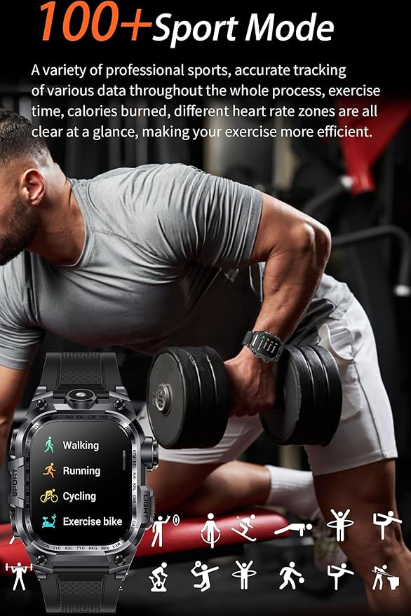 Tough Smart Watch for Working Men with Flashlight, 2.01" HD Ultra Large Rugged Smartwatch Bluetooth Call/Heart Rate/Sleep Monitor Hiking Camping Fitness Track Watches