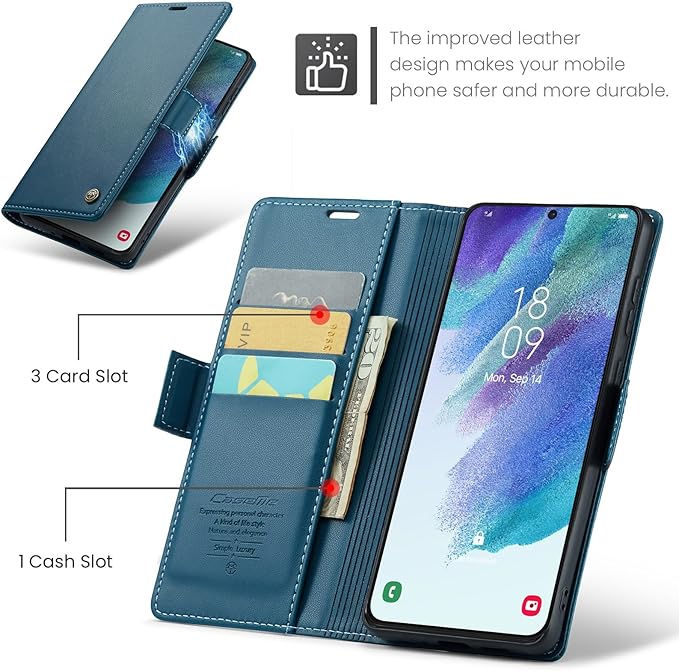 AUPAI for Samsung Galaxy S21 FE Wallet Case with Credit Card Holder, PU Leather RFID Blocking Folio Flip Kickstand Magnetic Clasp Protective Phone Cover for Women Men Blue