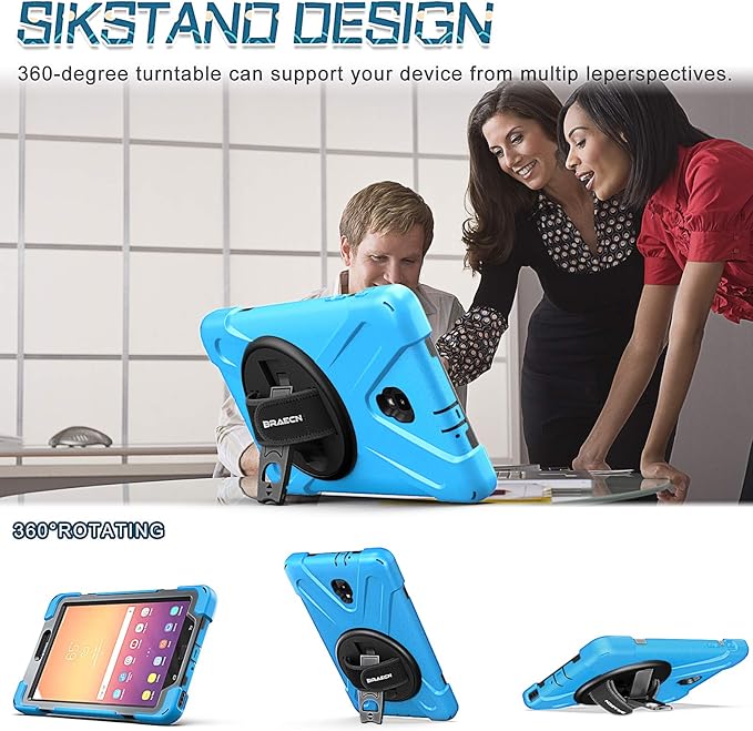 BRAECNstock for Samsung Galaxy Tab A 8.0 2017 Case (SM-T380/T385) Rugged Shockproof Protective Case with 360° Rotating Hand Strap+Kickstand Shoulder Strap Samsung SM-T380 Tablet Case Kids - Sky Blue