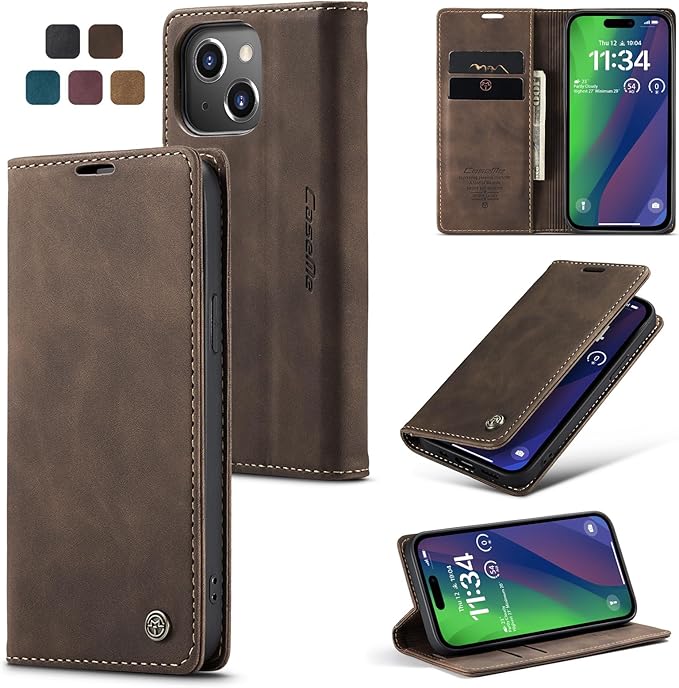 for iPhone 15 Case, Flip Wallet Leather Case with Card Holder Magnetic Closure Shockproof Kickstand Protective Phone Cases Cover for iPhone 15, Coffee