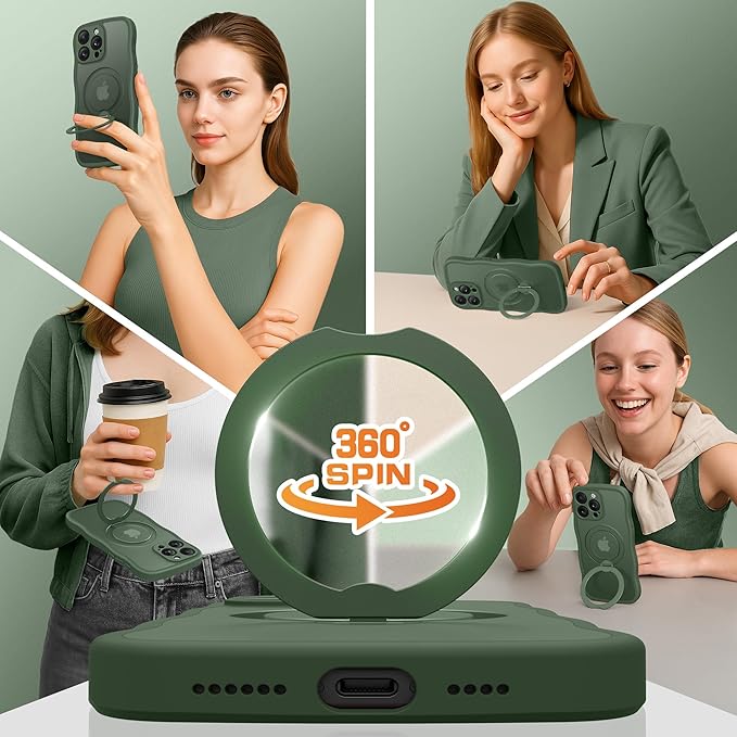 GolbinBox for iPhone 16 Pro Max Case for Women,[Compatible with Magsafe][360° Spin Magnetic Stand][Cute Wave Edge][Military-Grade Protection] Translucent Matte Phone Case for iPhone 16 ProMax, Green