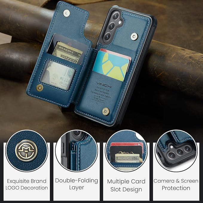 Vinich for Samsung Galaxy S25 Wallet Case with Card Holder, RFID Blocking Credit Slots Kickstand Shockproof Phone Cover for Women Men, Blue