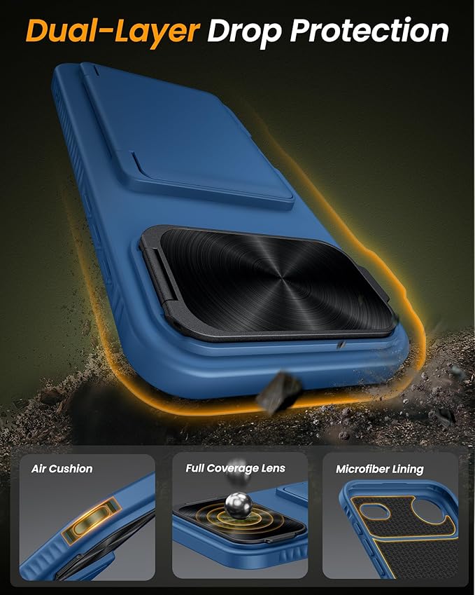 for iPhone Air Case with Card Holder, Built-in Stand & Camera Lens Cover, Shockproof Rugged Silicone Bumper Raised Edge Protective Wallet Phone Cover Case for iPhone Air Case 6.5" 2025, Blue