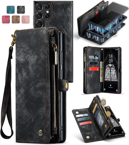 SZHAIYU 2 in 1 Detachable for Samsung Galaxy S23 Ultra Wallet Case with Card Holder, Retro Premium Flip Leather Cover Magnetic Zipper Pocket Phone Cases 6.8'' (Black,S23 Ultra)