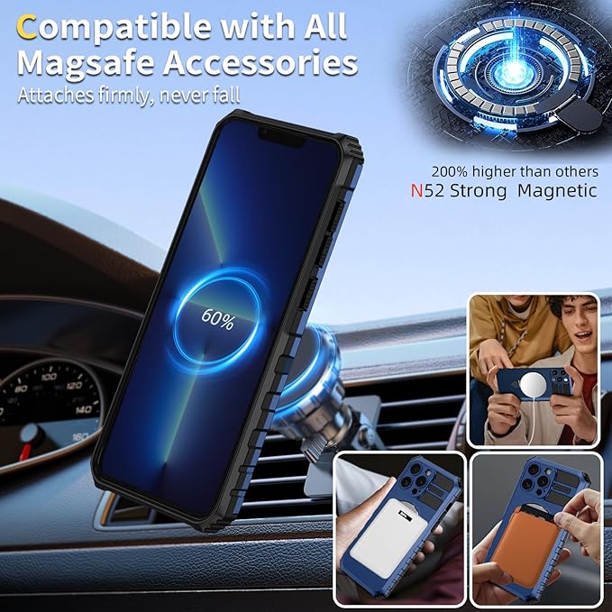 for iPhone 13 Pro Case Magnetic Compatible with MagSafe Wireless Charging,with 2 Screen Protector,with Kickstand Ring Shockproof Shock-Absorbent Heavy Duty Protection Scratch Resistant Blue