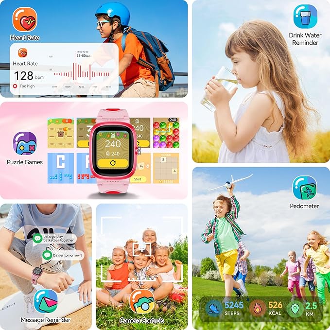 Smart Watch for Girls Boys with Sleep | Health | Activity Tracker, Games, Alarm, IP68 Waterproof Kids Fitness Watch with Pedometer, Family Account, Toys Gifts for Kids Aged 4-16 (Rose/Sand Pink)