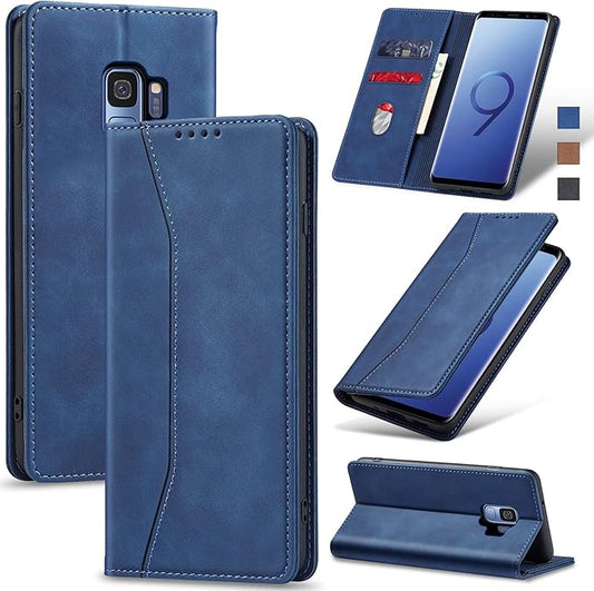 Jasonyu Flip Wallet Case for Samsung Galaxy S9,Leather Magnetic Folio Cover with Card Holder,Kickstand - TPU Shockproof Durable Protective Phone Case,Blue