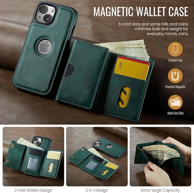 Asuwish Phone Case for iPhone 14 6.1 inch Wallet Magnetic Detachable Cell Cover with Wireless Charging and RFID Blocking Credit Card Holder Flip Stand iPhone14 5G i i-Phone i14 14Case Women Men Green