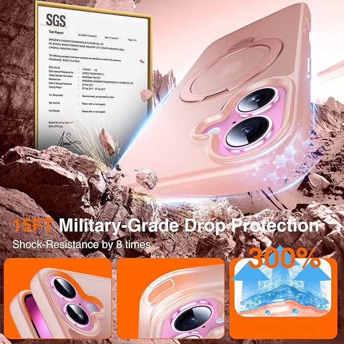 360° O-Ring MagStander for iPhone 16 Case with Magnetic Kickstand Ring Holder [Compatible with MagSafe][360°Rotate Stand Ring][Military Shockproof] Magnet iPhone 16 Phone Cover Matte Pink