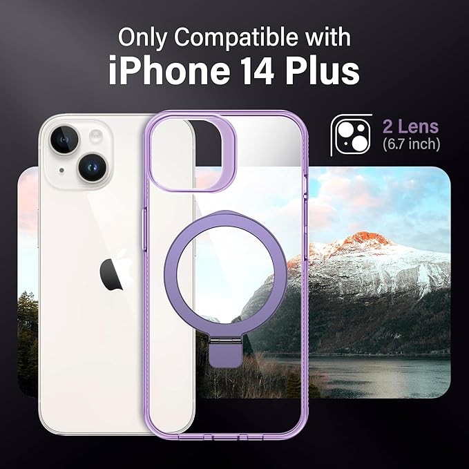 Magnetic Case for iPhone 14 Plus - [Built-in Invisible Stand] [Compatible with MagSafe] [Military Grade Drop Protection] Anti-Yellowing Hard Back Silicone Edge Cover, 6.7", Clear Purple