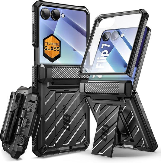 SUPCASE for Samsung Galaxy Z Flip 7 Case with Built-in Stand & Belt-Clip (Unicorn Beetle Pro), [Hinge Protection] [Front Tempered Glass Screen Protector] Full Body Military-Grade Phone Cover, Black